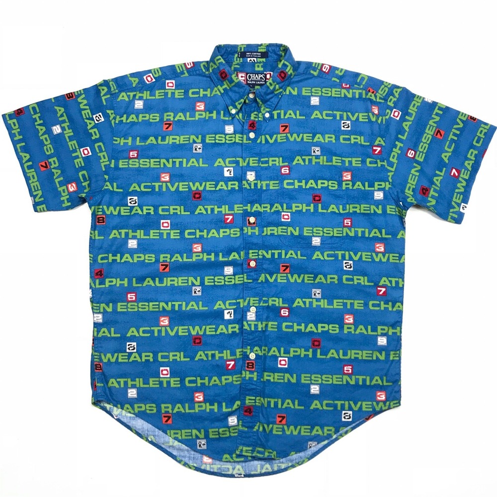 Vtg Rare Ralph Lauren Chaps Button Down Shirt Large All Over Print Activewear